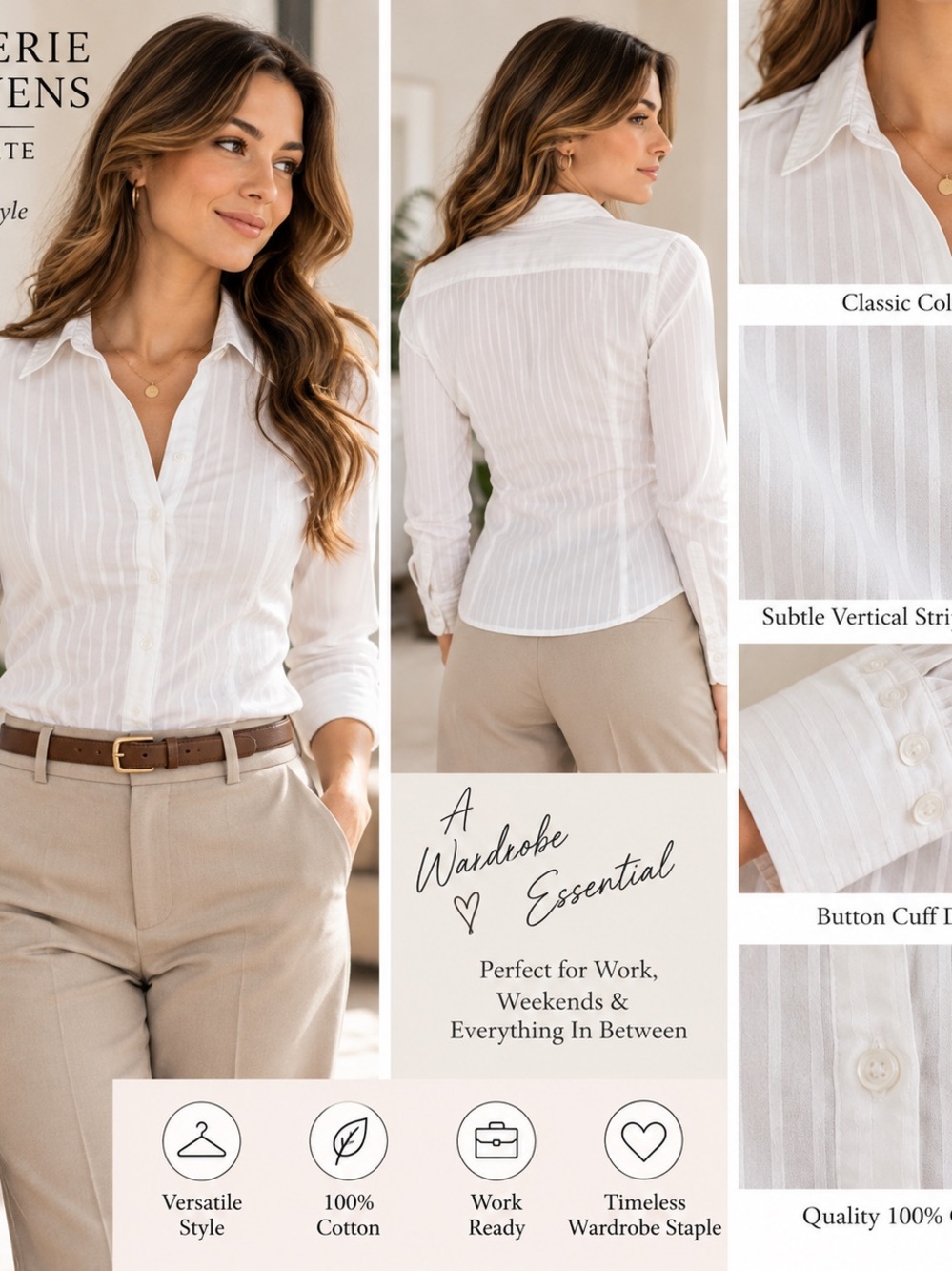 Valerie Stevens Petite White 100% Cotton Striped Button Down Shirt